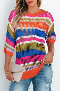 Pink Stripe Colorblock Hollowed Crochet 3/4 Sleeve Sweater