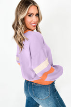 Load image into Gallery viewer, Orchid Bouquet Contrast Rib Knit Patchwork Drop Shoulder V Neck Sweatshirt
