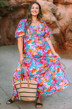 Load image into Gallery viewer, Multicolour Plus Size Floral Smocked Puff Sleeve Maxi Dress
