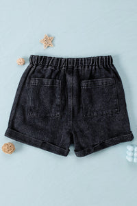 Black Pocketed Drawstring High Waist Denim Shorts