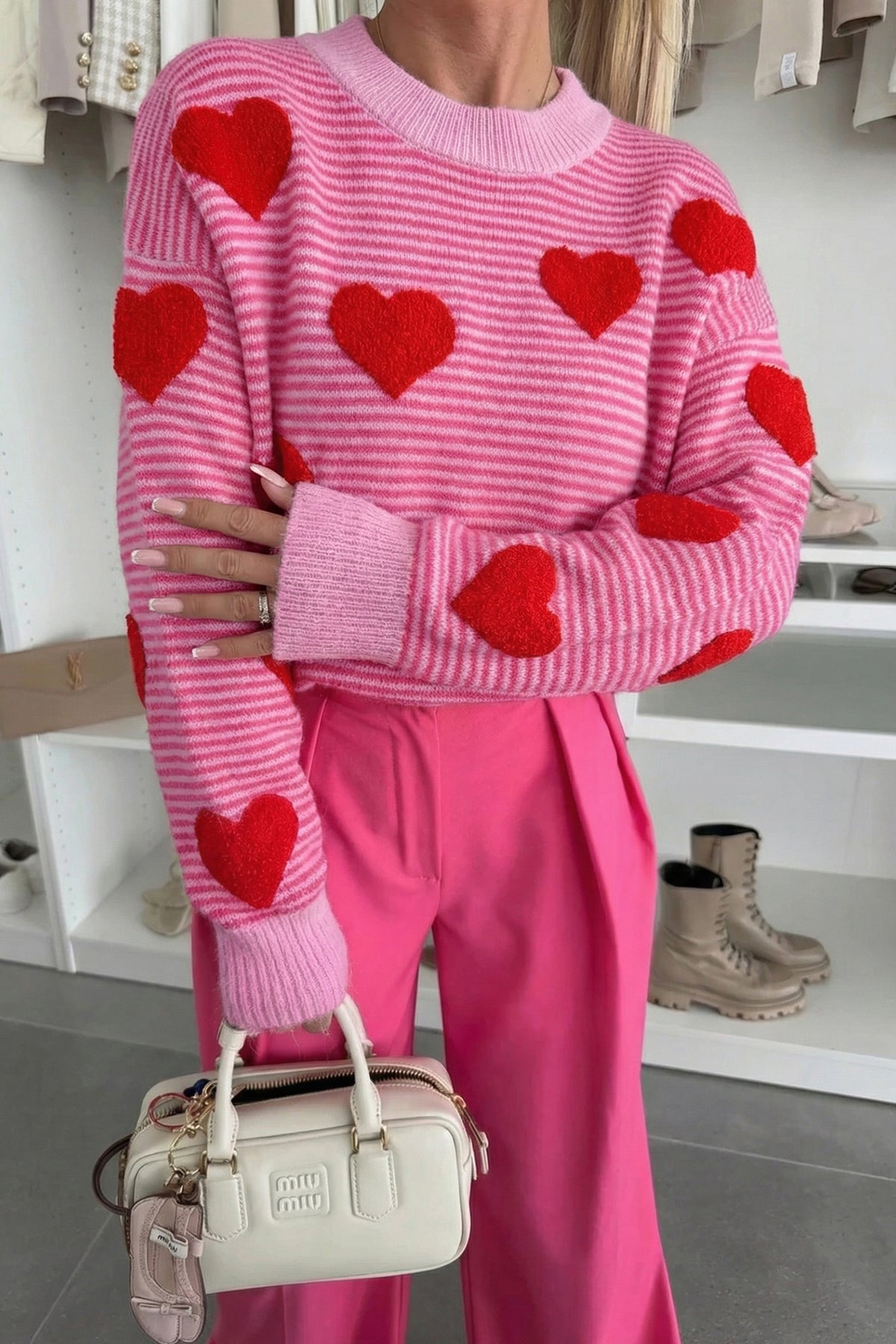 Rose Stripe Contrast Heart Pattern Valentine Knit Sweater
