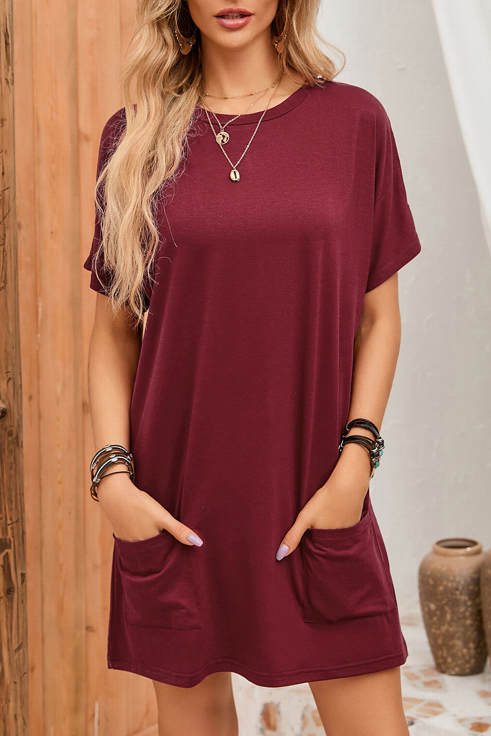 Gray Side Pockets Short Sleeve Tunic Top