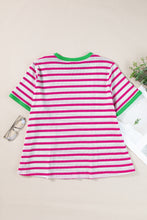 Load image into Gallery viewer, Rose Stripe Contrast Trim Crew Neck Loose Short Sleeve Top
