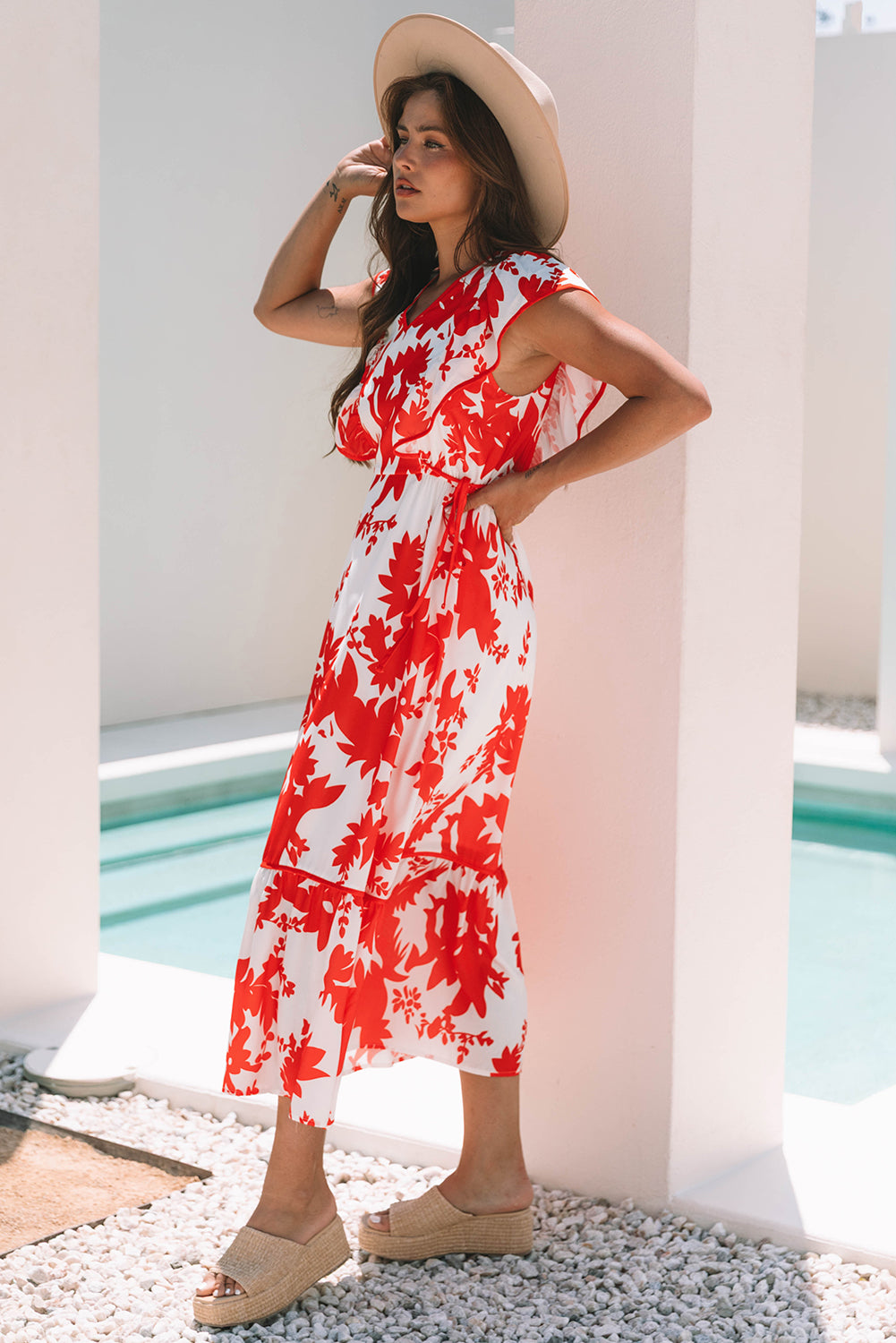 Red Floral Print Trimmed V Neck Ruffle Sleeve Long Dress