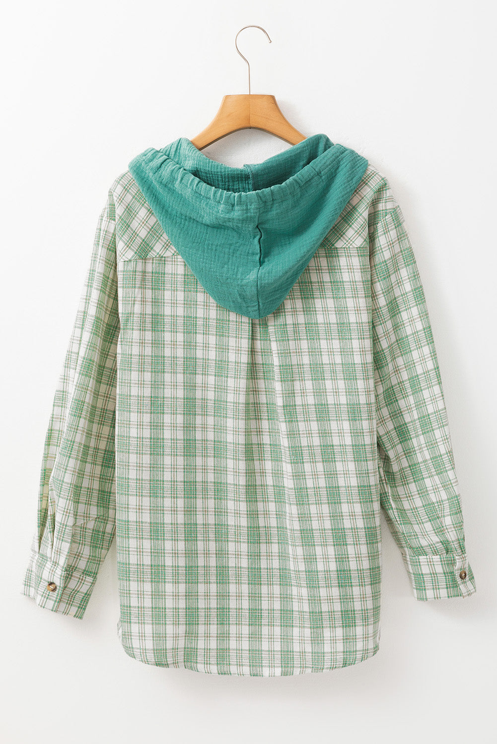 Green Checkered Print Loose Fit Buttoned Hooded Shacket