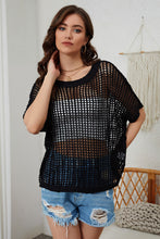 Load image into Gallery viewer, Apricot Fishnet Knit Ribbed Round Neck Short Sleeve Sweater Tee
