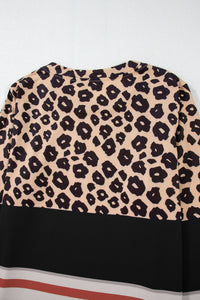 Khaki Leopard Color Block Crewneck Long Sleeve Top