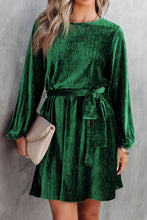 Load image into Gallery viewer, Green Tie Waist Crinkle Velvet Dress
