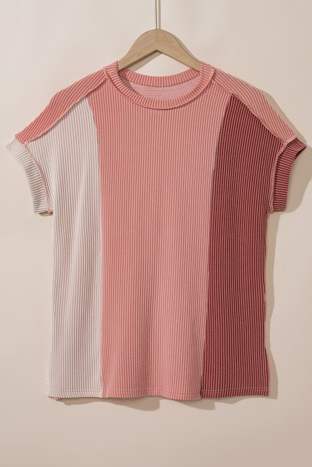 Pink Textured Colorblock Crew Neck T Shirt