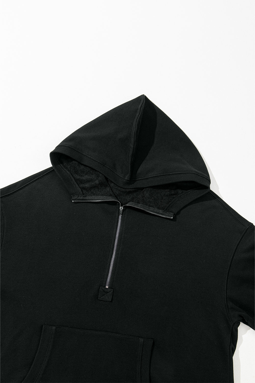 Black Solid Kangaroo Pocket Half Zipper Oversized Hoodie