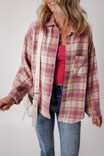 Load image into Gallery viewer, Pink Plaid Print Chest Pocket Long Sleeve Shacket
