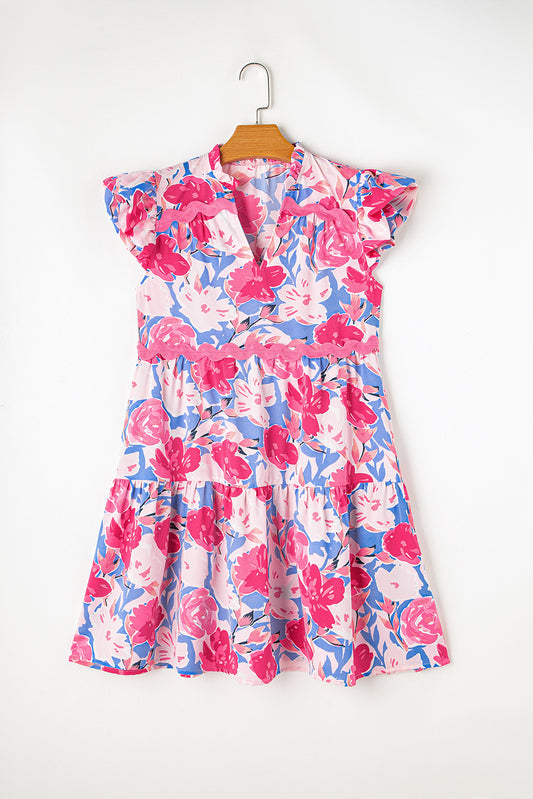 Sky Blue Floral Printed V Notched Ric Rac Flutter Sleeve Dress