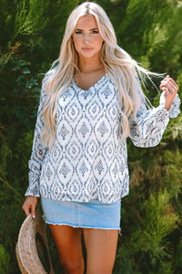 Sky Blue Geometric Print Shirred Puff Sleeve V Neck Blouse