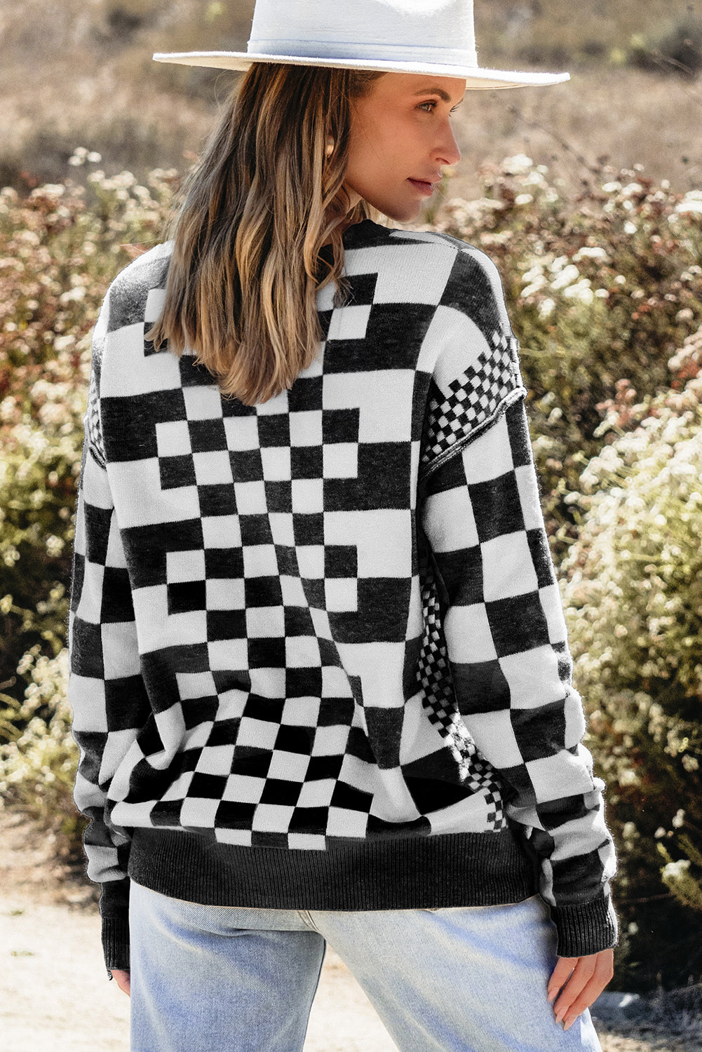 Gray Checkered Print Drop Shoulder Round Neck Sweater