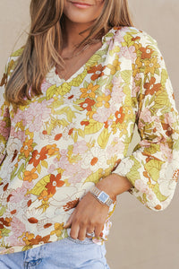 Multicolor Floral Print V Neck Long Puff Sleeve Top