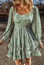 Load image into Gallery viewer, Green Floral Print Square Neck Shirred Waist Tiered Ruffled Mini Dress
