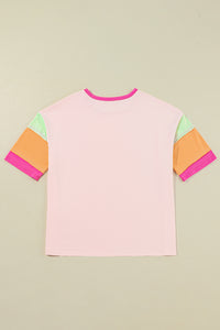 Pink Color Block Stitching Sleeve Round Neck Oversize Top