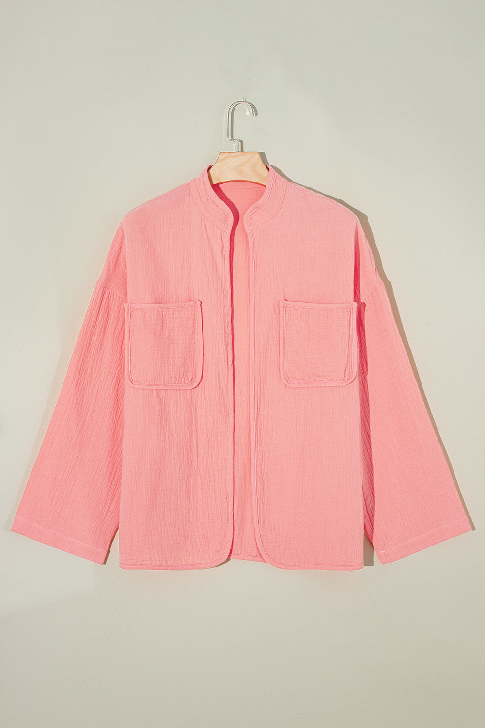 Flamingo Plus Size Solid Color Chest Pockets Crinkled Blouse