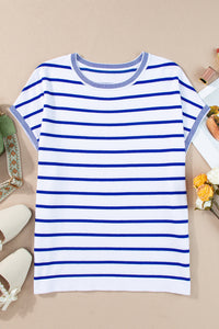 Sky Blue Stripe Knitted Bat Sleeve T Shirt