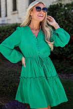 Load image into Gallery viewer, Sea Green Frilly V Neck Puff Sleeve Drawstring Shift Mini Dress
