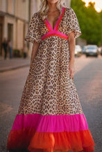 Load image into Gallery viewer, Bright Pink Leopard Colorblock Patchwork Bubble Sleeve Maxi Dress
