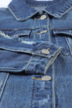 Load image into Gallery viewer, Sky Blue Lapel Distressed Raw Hem Buttons Denim Jacket
