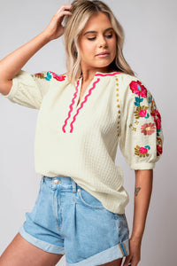 White Floral Embroidered Ricrac Puff Sleeve Textured Blouse