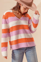 Load image into Gallery viewer, Orange Stripe Colorblock V Neck Casual Sweater
