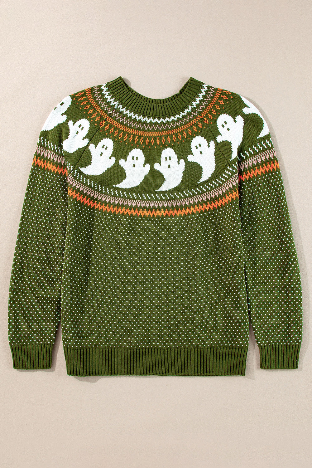 Jungle Green Halloween Ghost Pattern Drop Shoulder Sweater