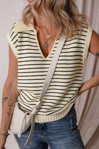 Black Stripe Turn-down V Neck Sweater Tank Top