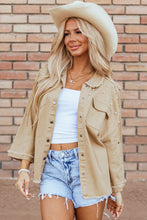 Load image into Gallery viewer, Khaki Pearl Beaded Raw Hem Button Up Denim Jacket
