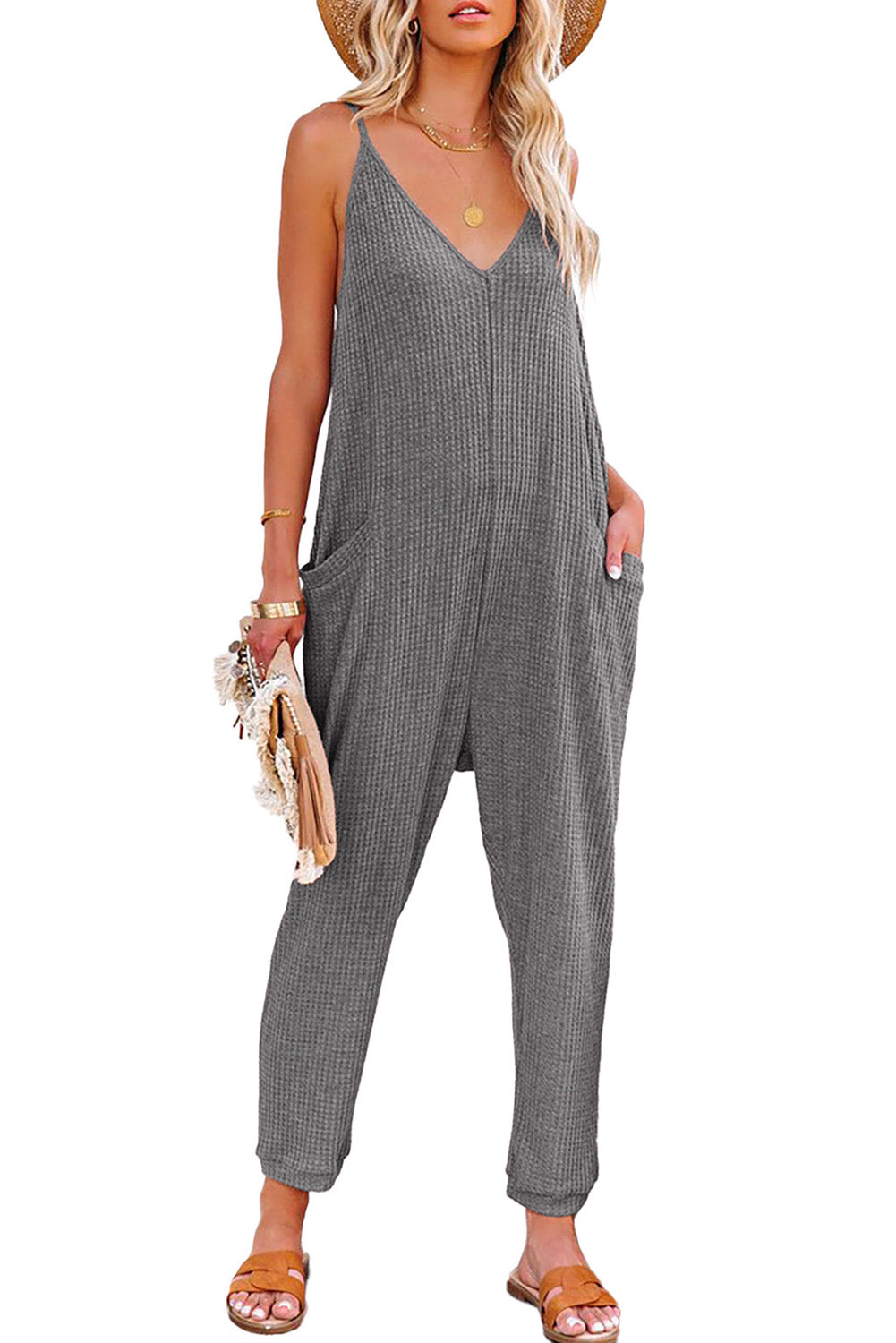 Green Textured Sleeveless V-Neck Pocketed Casual Jumpsuit