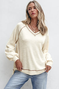 Beige Exposed Seam Textured Knit V Neck Pullover Top