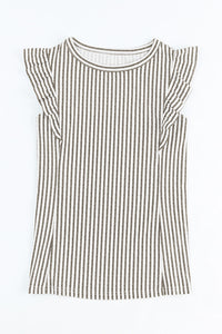 Khaki Striped Crew Neck Ruffled Tank Top