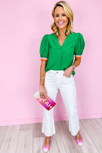 Load image into Gallery viewer, Bright Green Colorful Trim V Neck Short Sleeve Blouse
