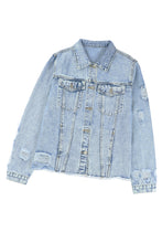 Load image into Gallery viewer, Sky Blue Lapel Distressed Raw Hem Buttons Denim Jacket
