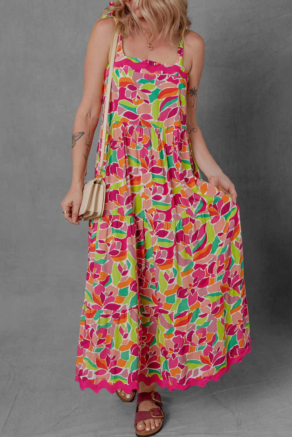 Multicolour Floral Tied Straps Ricrac Trim Maxi Dress
