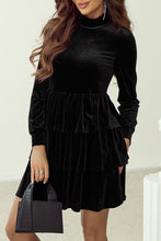 Load image into Gallery viewer, Black Velvet High Neck Tiered Ruffle Mini Dress
