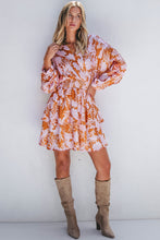 Load image into Gallery viewer, Brown Floral Puff Sleeve Smocked Waist Layered Dress
