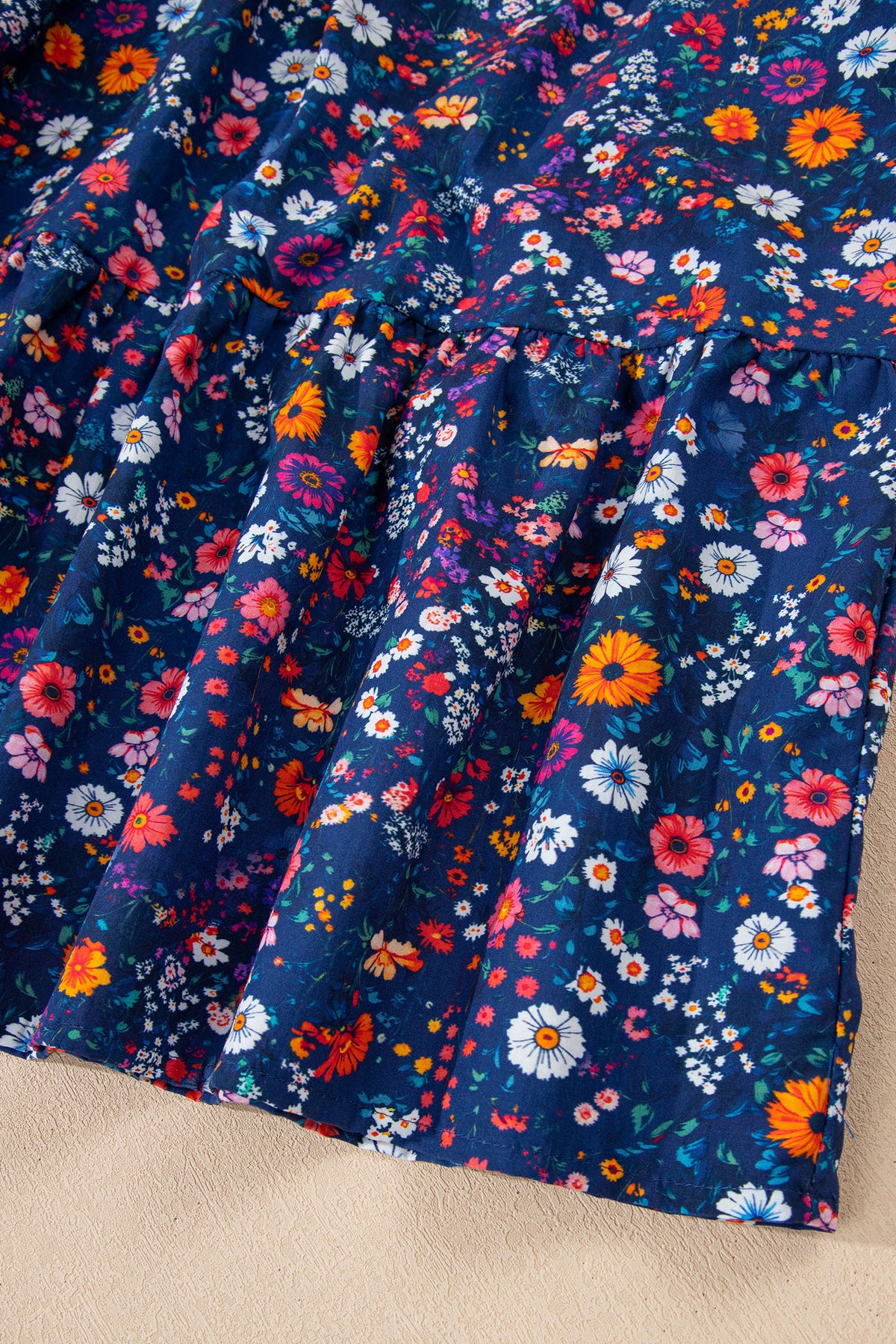 Blue Wild Daisy Floral Split Neck Short Puff Sleeve Mini Dress
