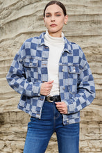 Load image into Gallery viewer, Light Blue Checkered Patchwork Button up Denim Jacket
