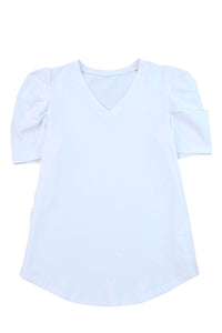 White Puff Sleeve V-Neck T-Shirt