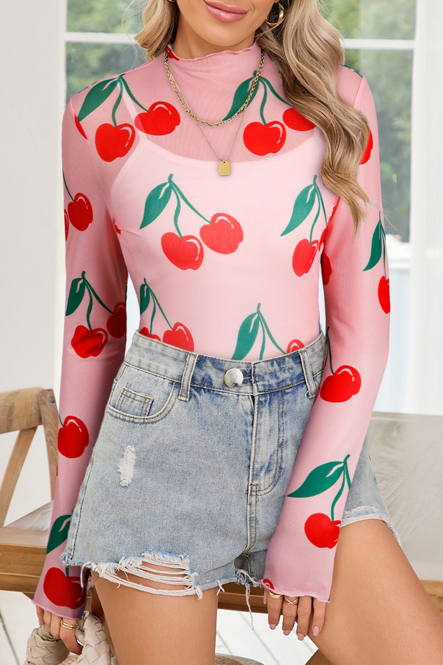 Pink Cherry Print Lettuce Trim Long Sleeve Mesh Top