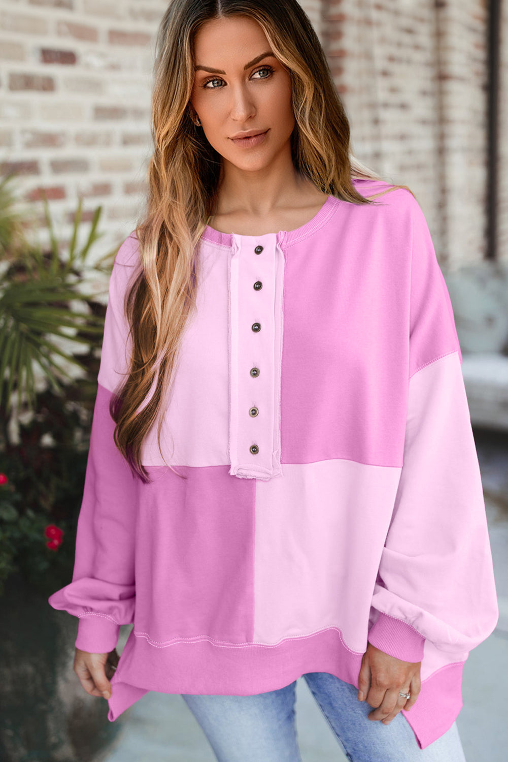 Pink Colorblock Henley High Low Oversize Sweatshirt