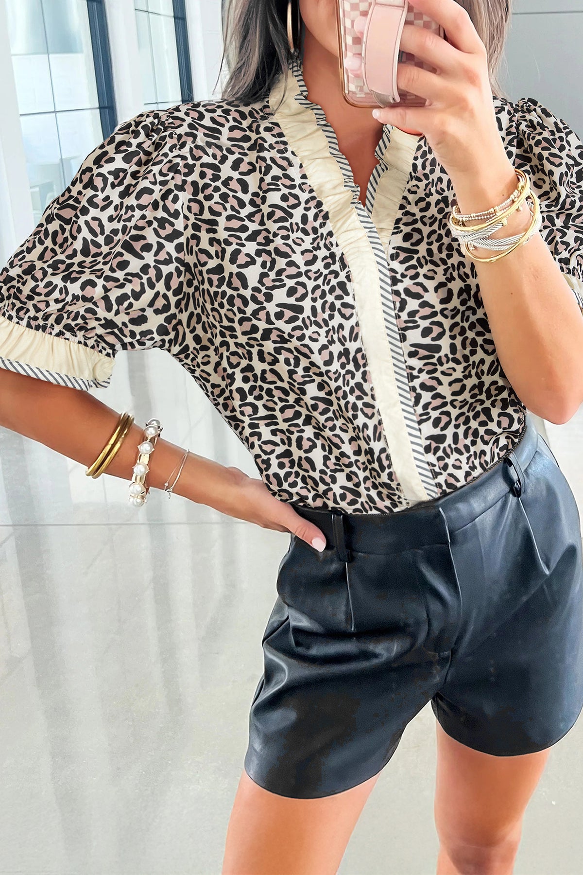 Black Leopard Print Striped Ruffled Color Block Trim V Neck Short Sleeve Blouse