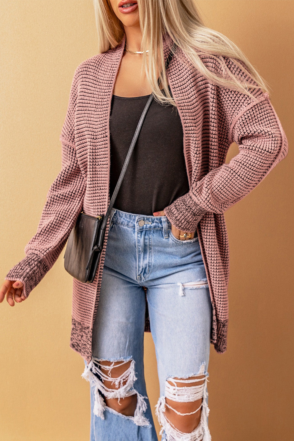 Yellow Plaid Knitted Long Open Front Cardigan