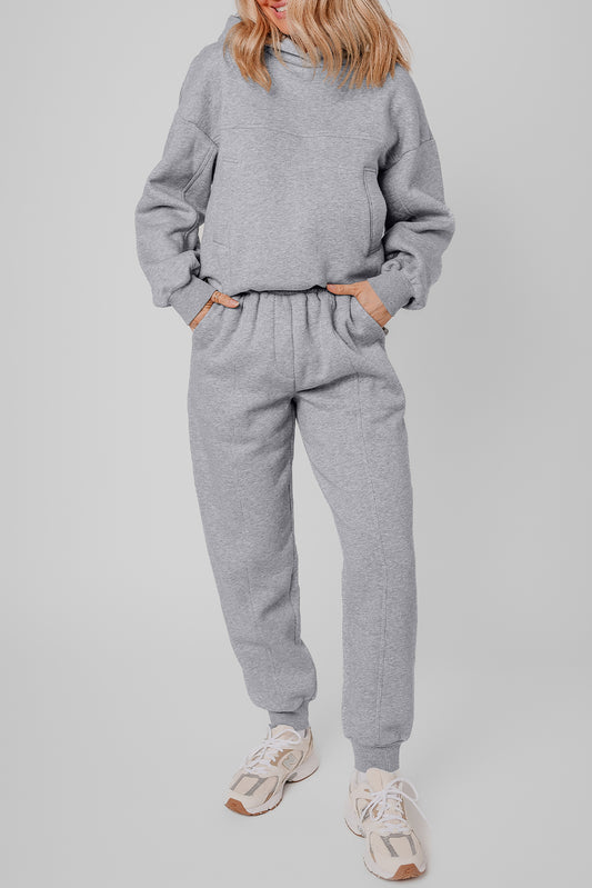 Gray Solid Exposed Seams Hoodie and Joggers Activewear Set