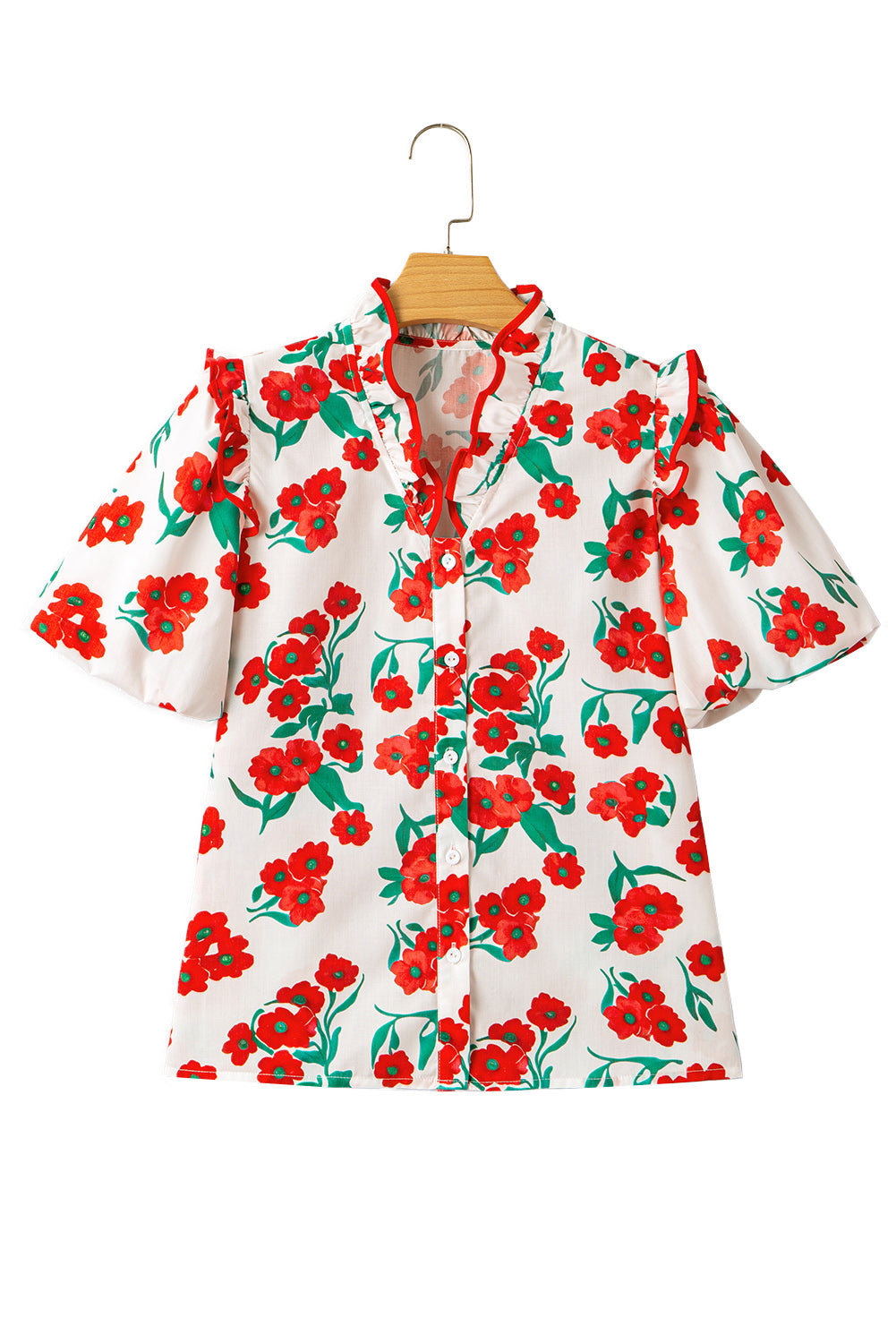 Red Floral Print Ruffled Puff Sleeve Elegant Summer Shirt