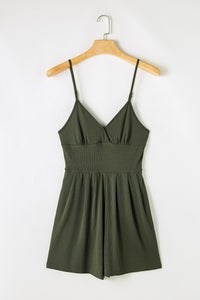 Moss Green Spaghetti Straps Cinched Waist Ribbed Romper