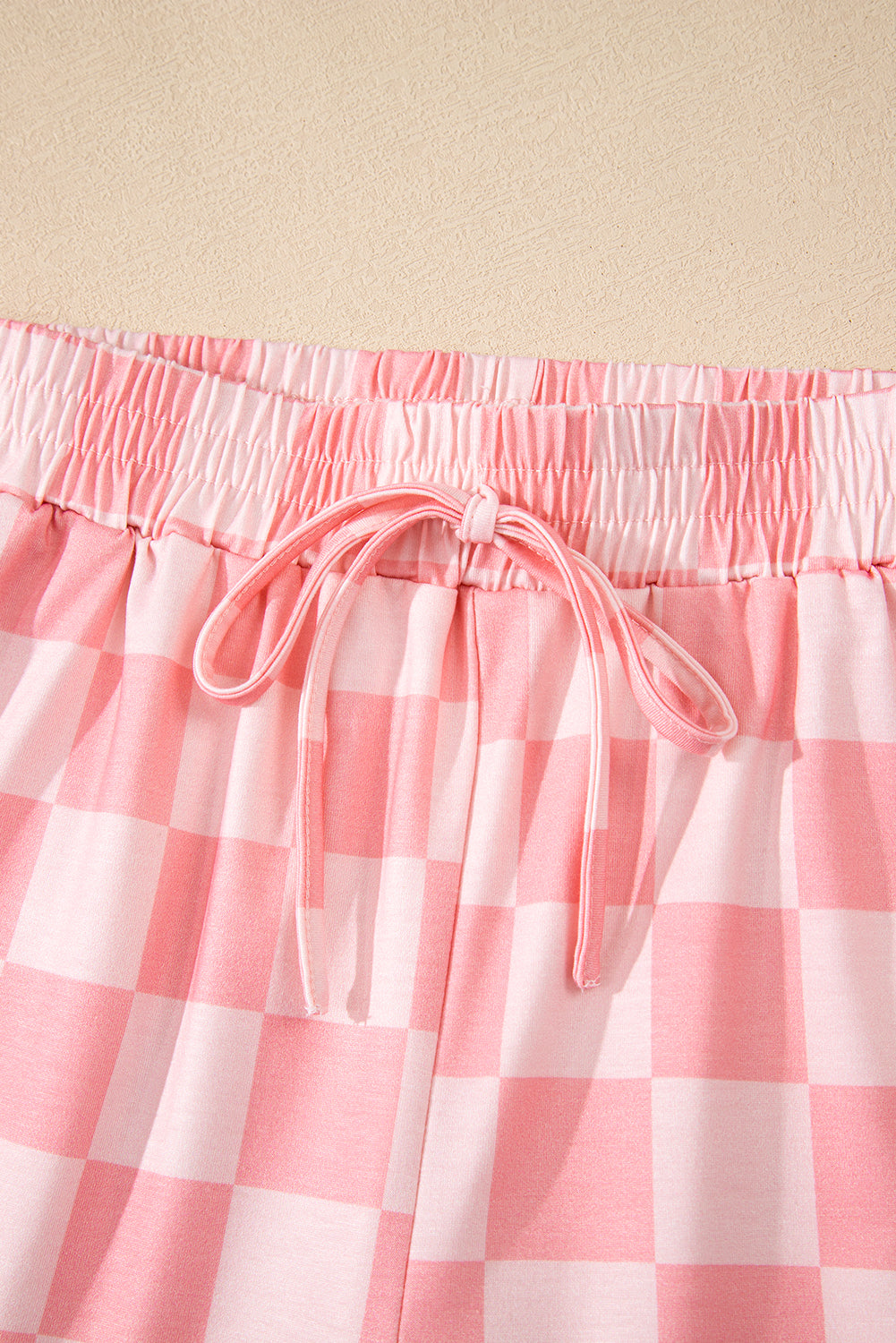 Pink Checkered V Neck Tee Drawstring Shorts Lounge Set